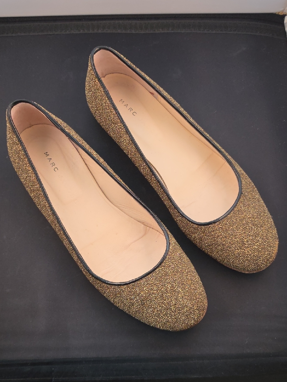 Marc Jacobs Bronze Gold Glitter Bead Ballet Flats With Black Patent Leather Trim